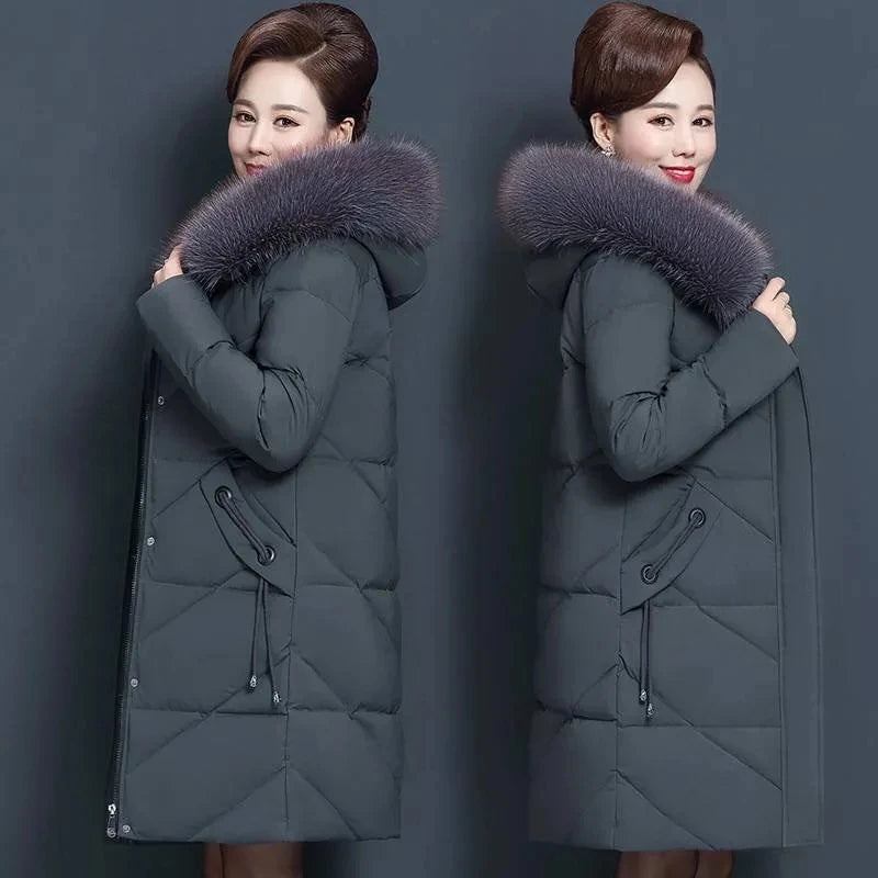 NoEnName_Null Middle-Aged WomenWinter Cotton Coat Hooded, Zipper Closure, Casual Style, Thick and Warm