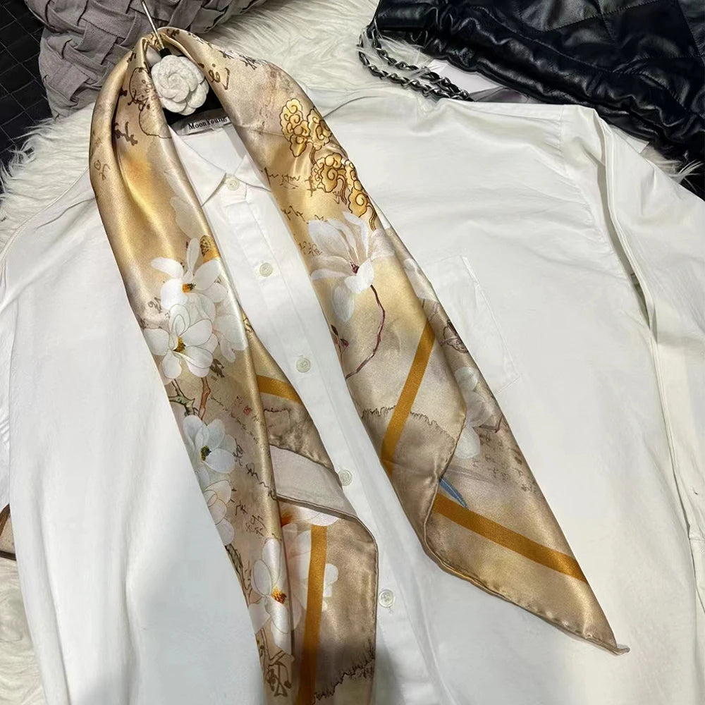 BYSIFA 100% Mulberry Silk Magnolia Print Scarf for Women – Fashionable and Versatile Silk Accessory