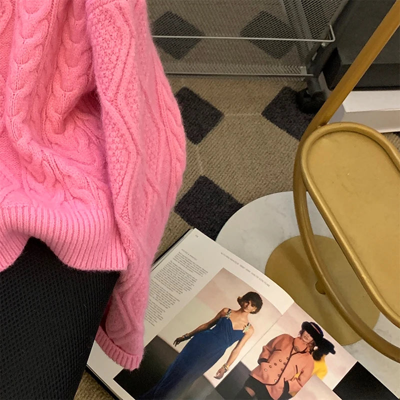 LEOSOXS Women’s Sweet High Street Wool Pullover – Autumn/Winter Solid O-Neck Sweater in Pink