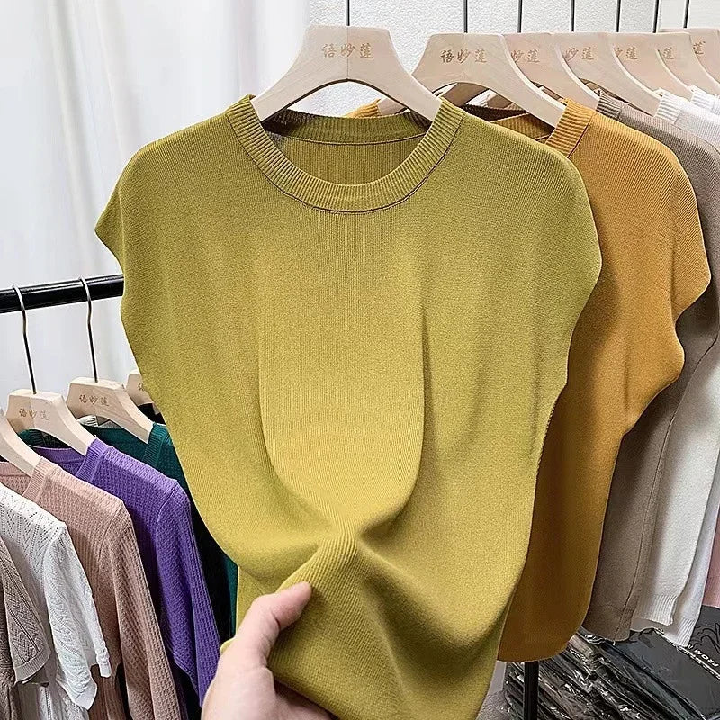 Women's T-Shirts 2024 Summer Ice Silk Knitted Tees Casual Solid Tops Purple Blue Fashion O Neck Short Sleeved Blouse for Women