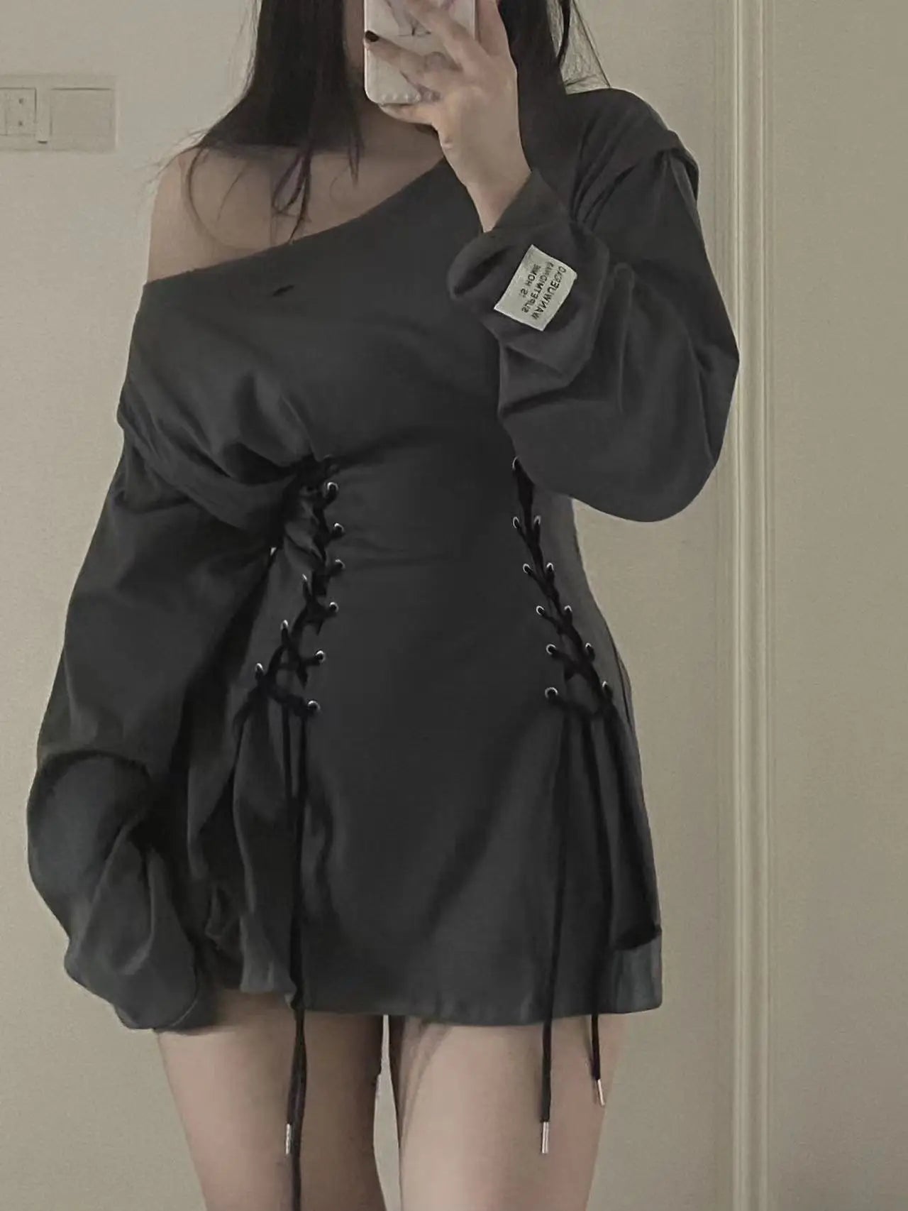 NoEnName_Null Y2K Style A-Line Mini Dress with Diagonal Collar and Bandage Detail - Autumn/Winter Fashion for Women