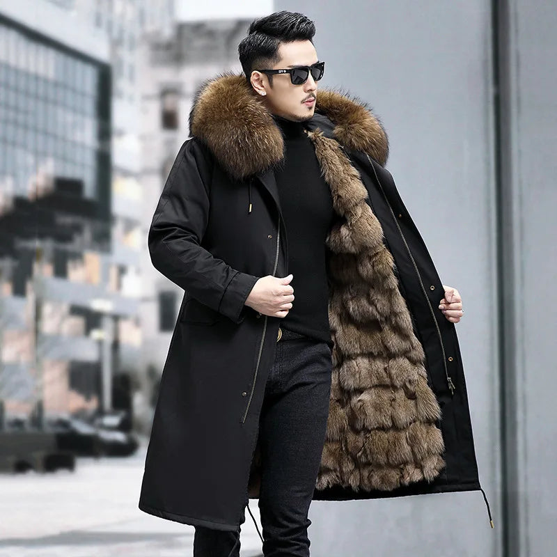 FURTJY Men's High Street Winter Coat – Real Fox Fur Lining, Raccoon Fur Collar, Zipper Closure, Casual Slim Fit