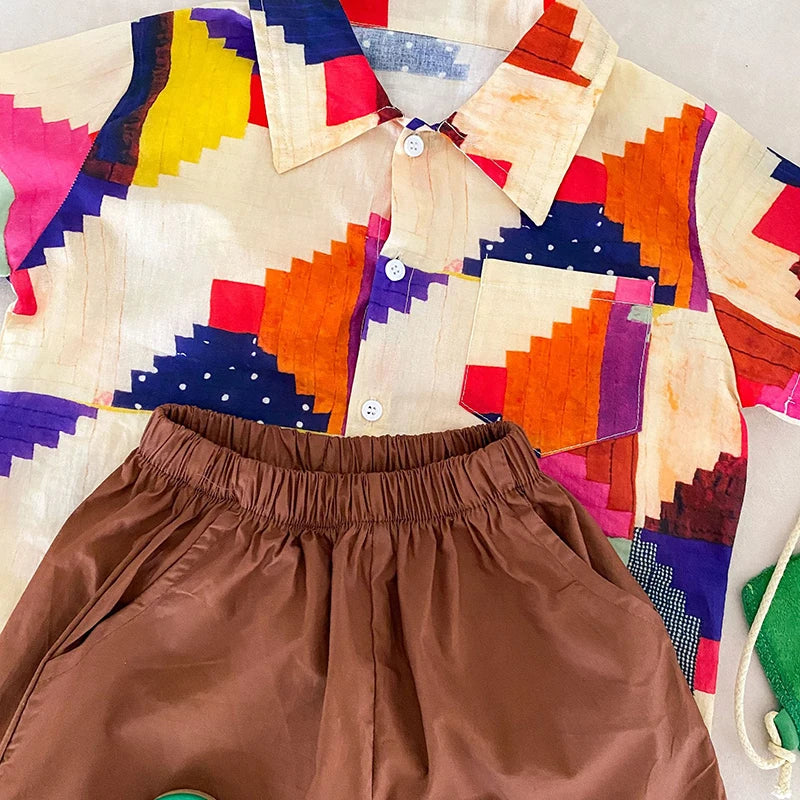 MILANCEL Summer Cotton Clothing Set for Kids (Ages 4-6Y) – Unisex Vacation Outfit with Printed Shirt and Shorts