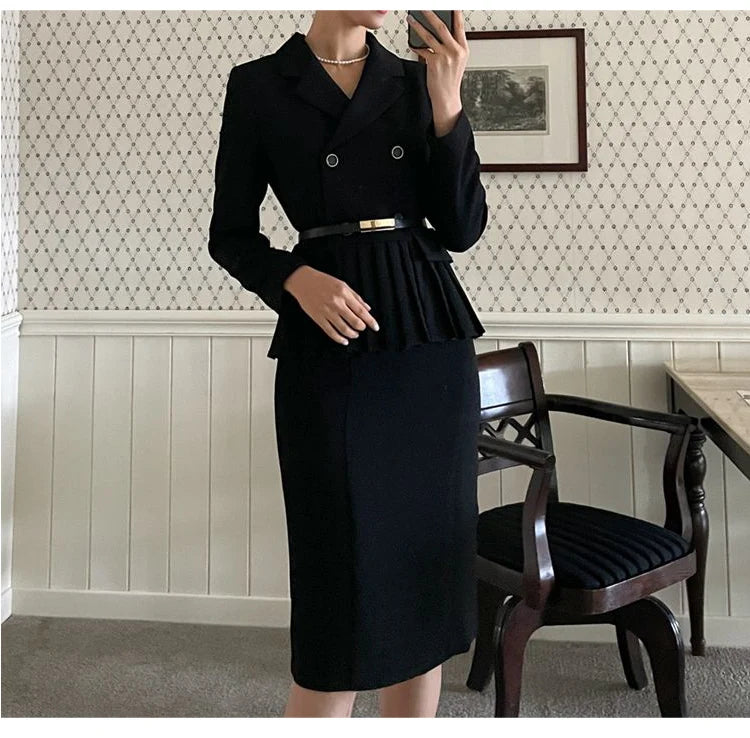 Autumn Spring Office Ladies Two Piece Set Double-Breasted White Ruffles Belt Blazer Tops + Split Pencil Skirt Suit