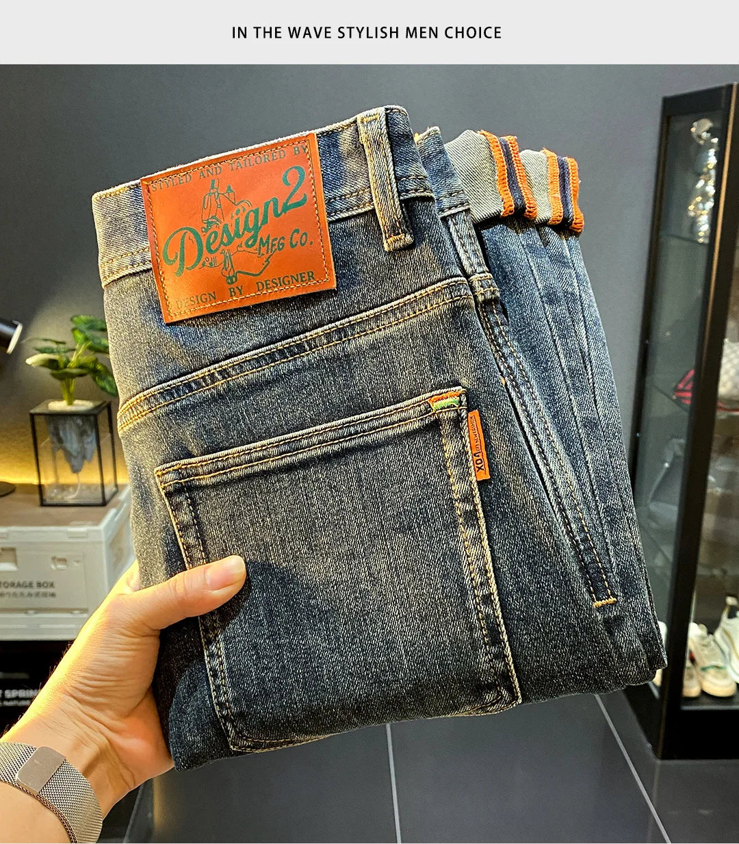 MXKSKV Men’s Slim Fit Straight-Leg Jeans. Distressed Stonewashed Denim with Badge Detail