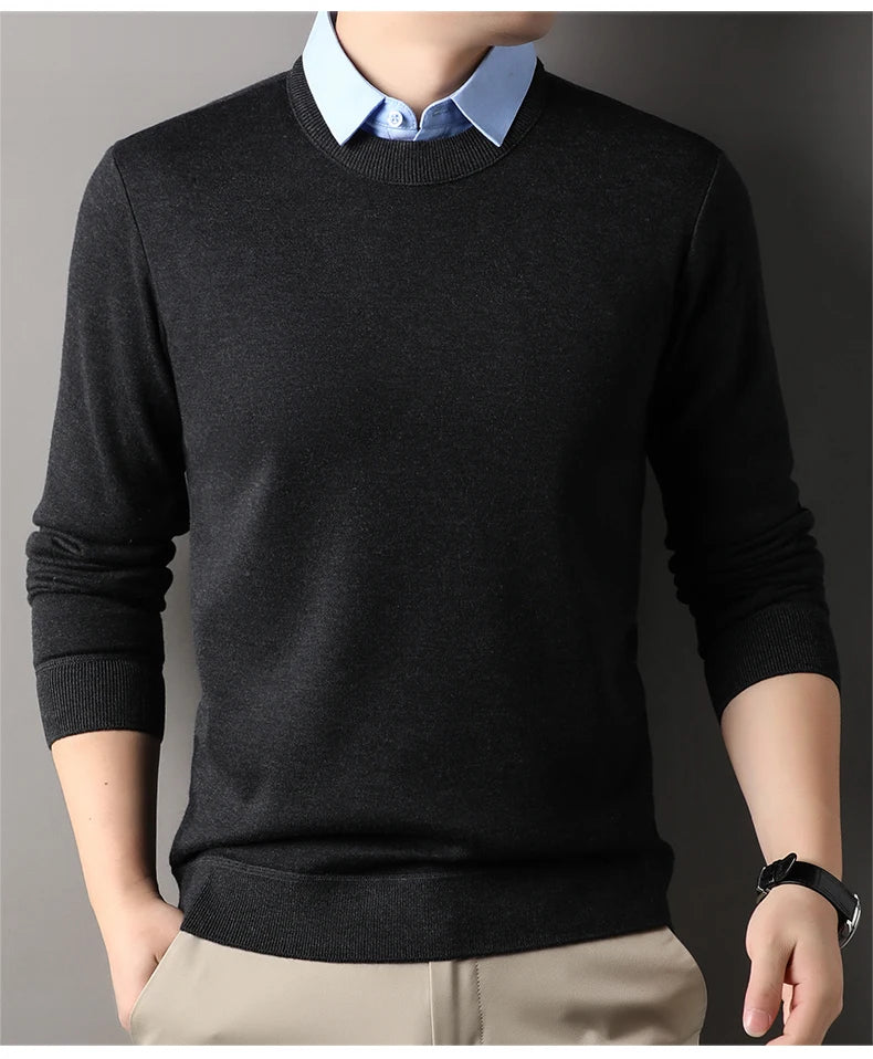 NoEnName_Null Men's Casual Pullover – Wool & Lycra Blend with Turn-Down Collar