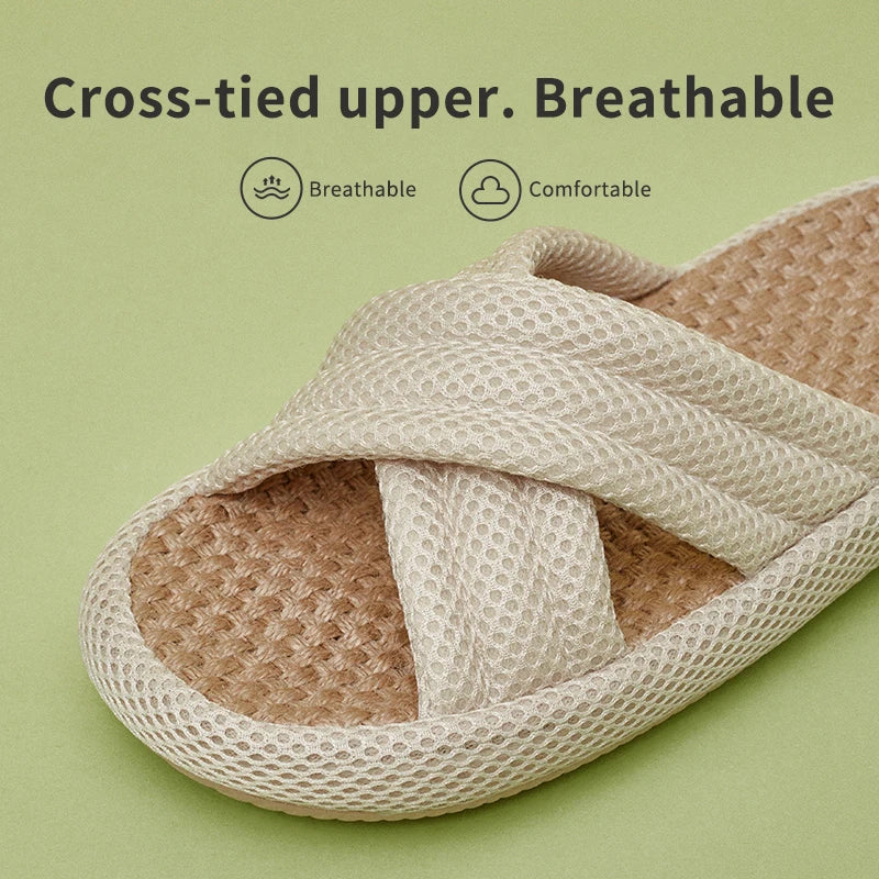 Utune Women's Cross-Tied Hemp Slippers - Comfortable Indoor Flat Slippers for Summer & Autumn
