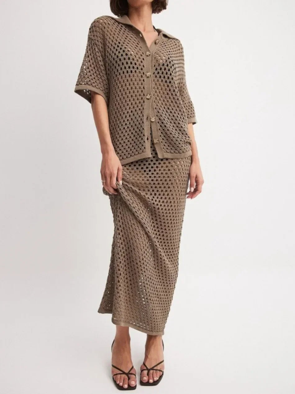 Sellysea Women’s Casual Two-Piece Skirt Set – Hollow Out Button-Up Blouse with Long Skirt | Spring/Summer 2025 Collection