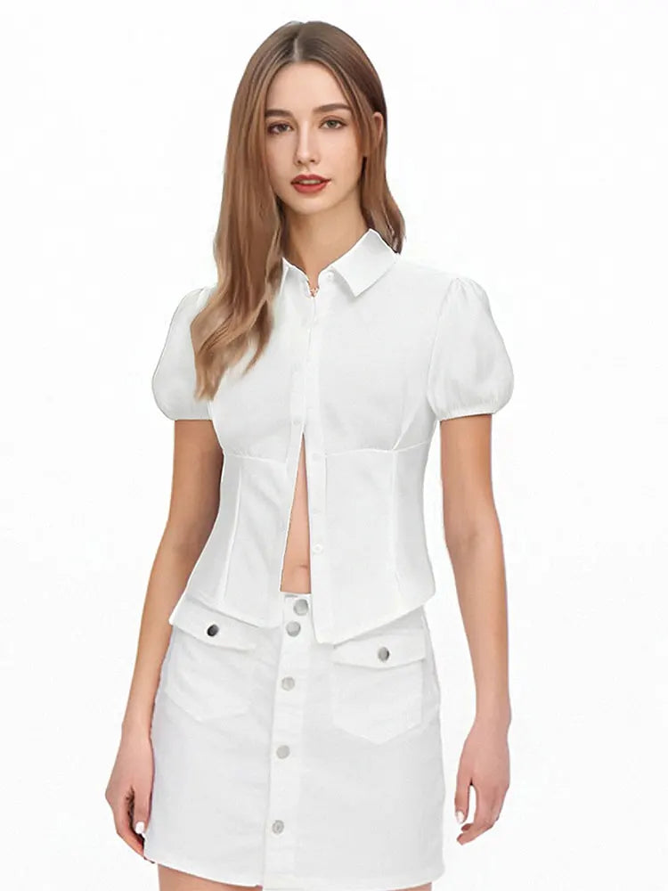 VYTB Women's Slim Fit Button-Up Tee – Turn-Down Collar, Short Sleeve, Summer Club Style