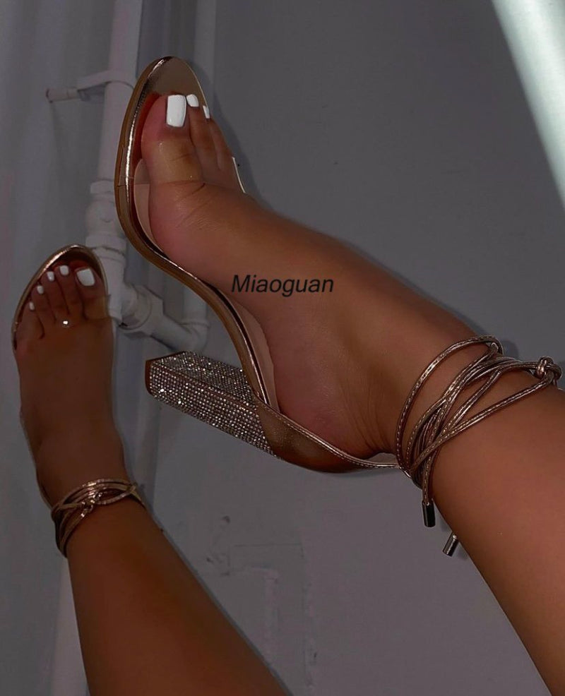 NoEnName_Null Women's Elegant Bling Platform Pumps with Square Heel – Comfortable Buckle Strap Sandals