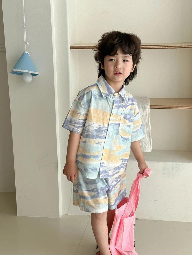 MILANCEL Unisex Summer Patchwork Clothing Set for Kids (Ages 4–6Y) – Cotton Shirt and Shorts Vacation Outfit