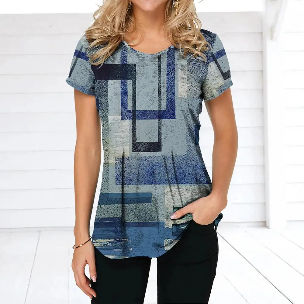 NoEnName_Null Women’s 3D Print Patchwork T-Shirt – Casual American Retro O-Neck Short Sleeve Top