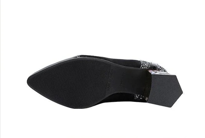 Shangkaka Women's Mid-Calf Sock Boots – Crystal Detailing, Pointed Toe, High Square Heel