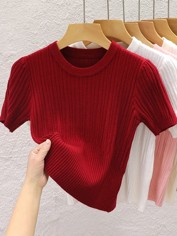 2025 Summer T shirts for Women Casual Korean Knit Streetwear Basic Solid Young Cool Tops
