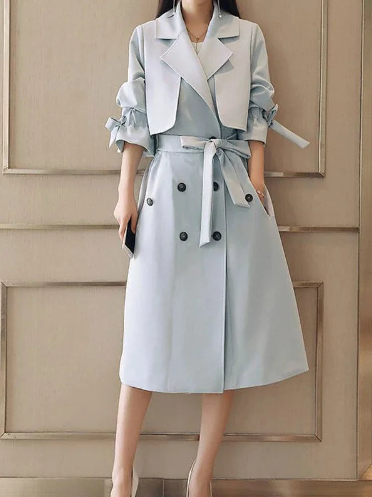 NoEnName_Null Women's Preppy Style Double-Breasted Trench Coat with Ruched and Spliced Details