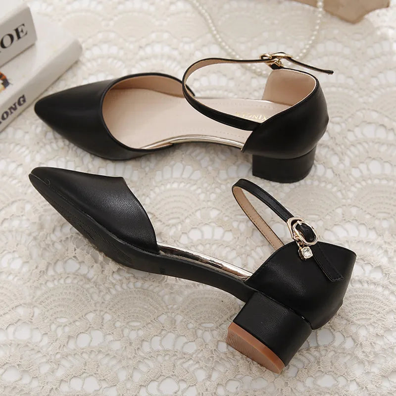 YZZJALK Women's Pointed Toe Pumps with Square Heel & Buckle Strap - Office Lady Style