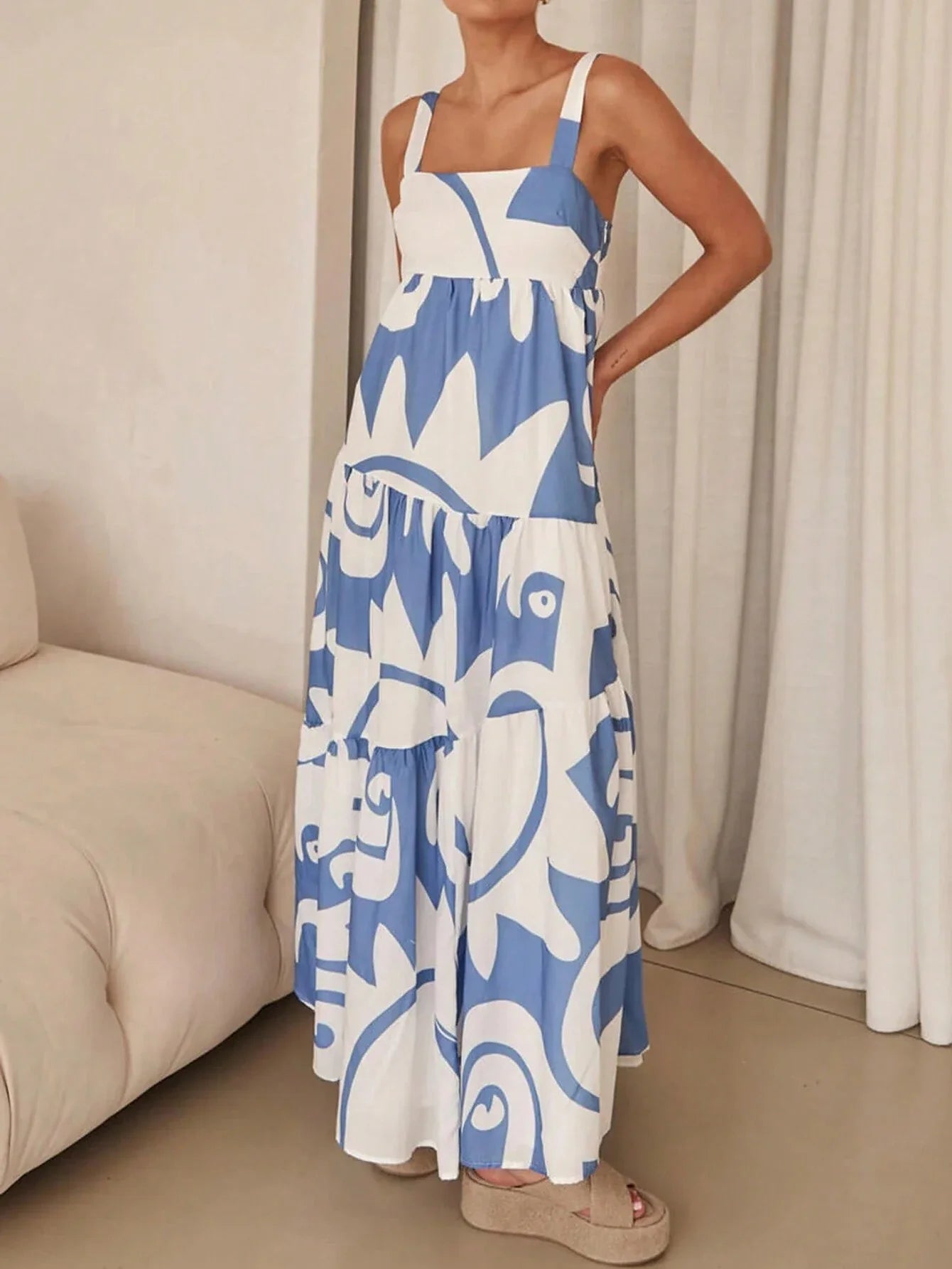 NoEnName_Null Women's Casual Ankle-Length Printed Dress with Spaghetti Straps – Spring/Summer Collection