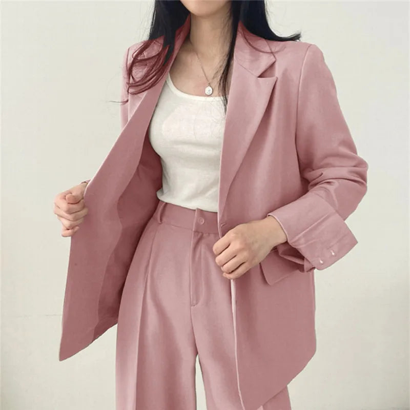 eDressU Women's Casual High-Waist Wide Leg Pant Suit - Full Length, Loose Fit, Shawl Collar, Pockets, All-Season Polyester