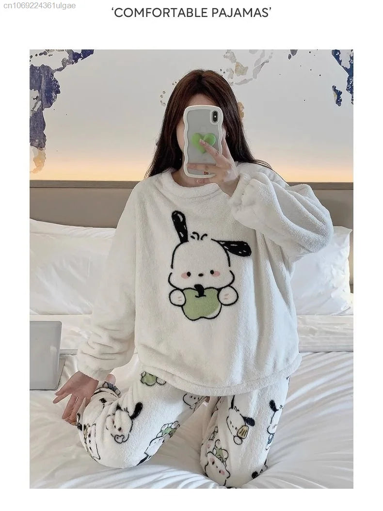 MINISO Korean Style Women's Autumn/Winter Hello Kitty Cartoon Fleece Pullover & Ankle-Length Sleepwear Set