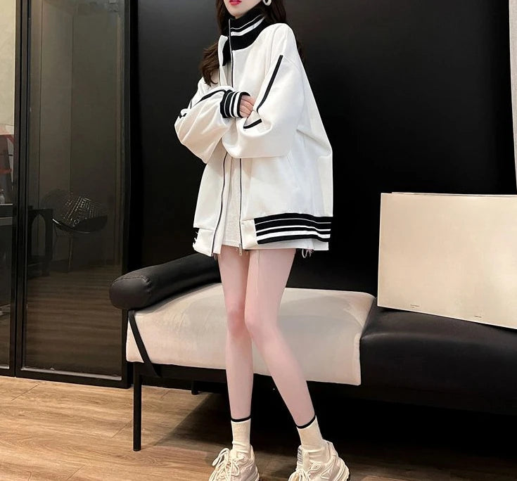 Stylish Striped Zip-Up Sweatshirt for Women - Cozy & Versatile Autumn/Winter Office Wear