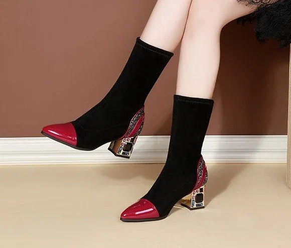 Shangkaka Women's Mid-Calf Sock Boots – Crystal Detailing, Pointed Toe, High Square Heel