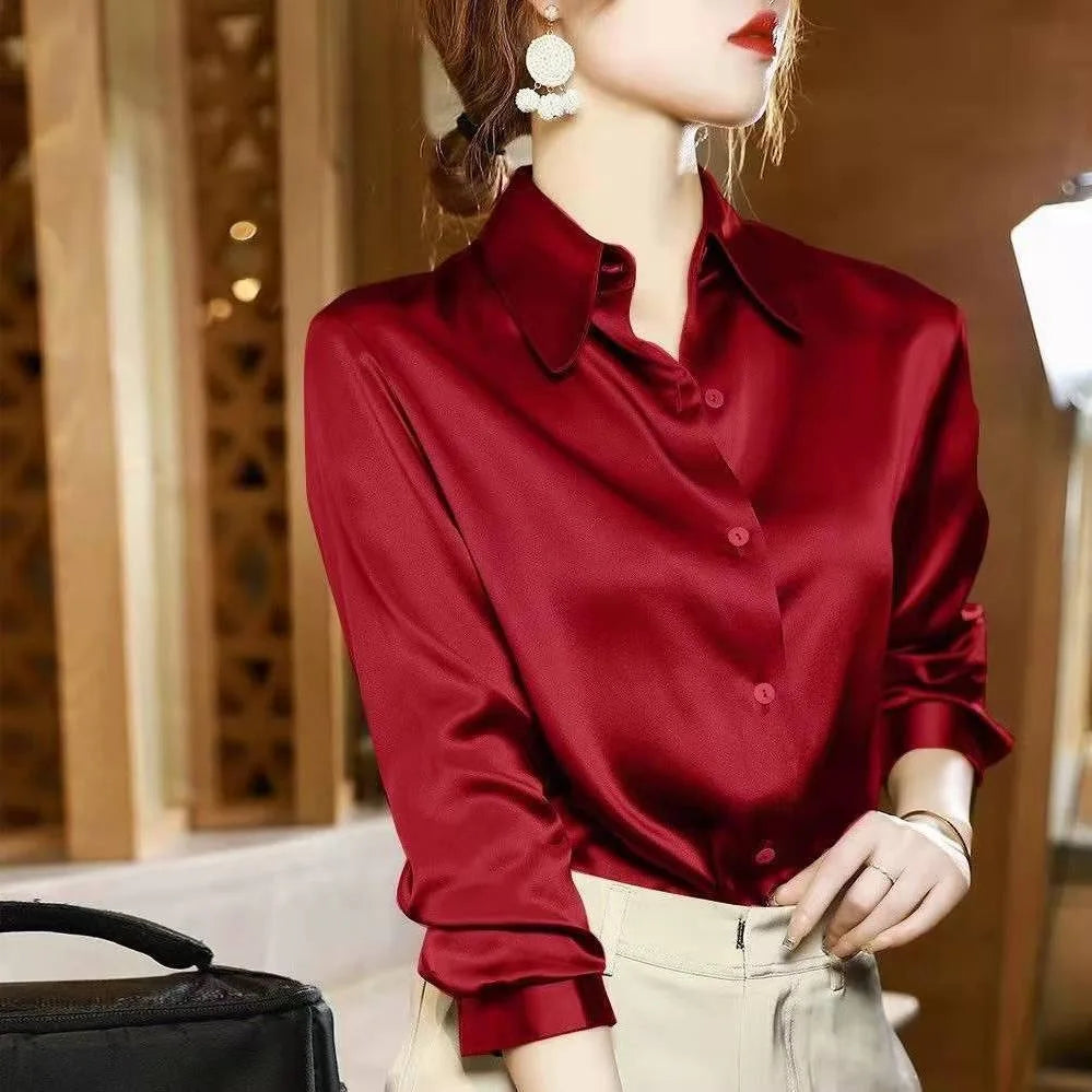 SUYISODA Women's Casual Satin Shirt - Office Lady Style with Button Decoration & Turn-down Collar