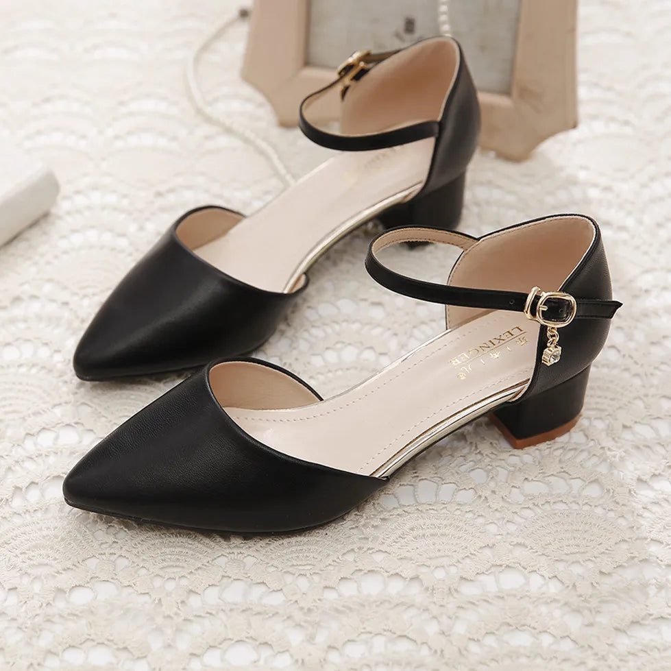 YZZJALK Women's Pointed Toe Pumps with Square Heel & Buckle Strap - Office Lady Style