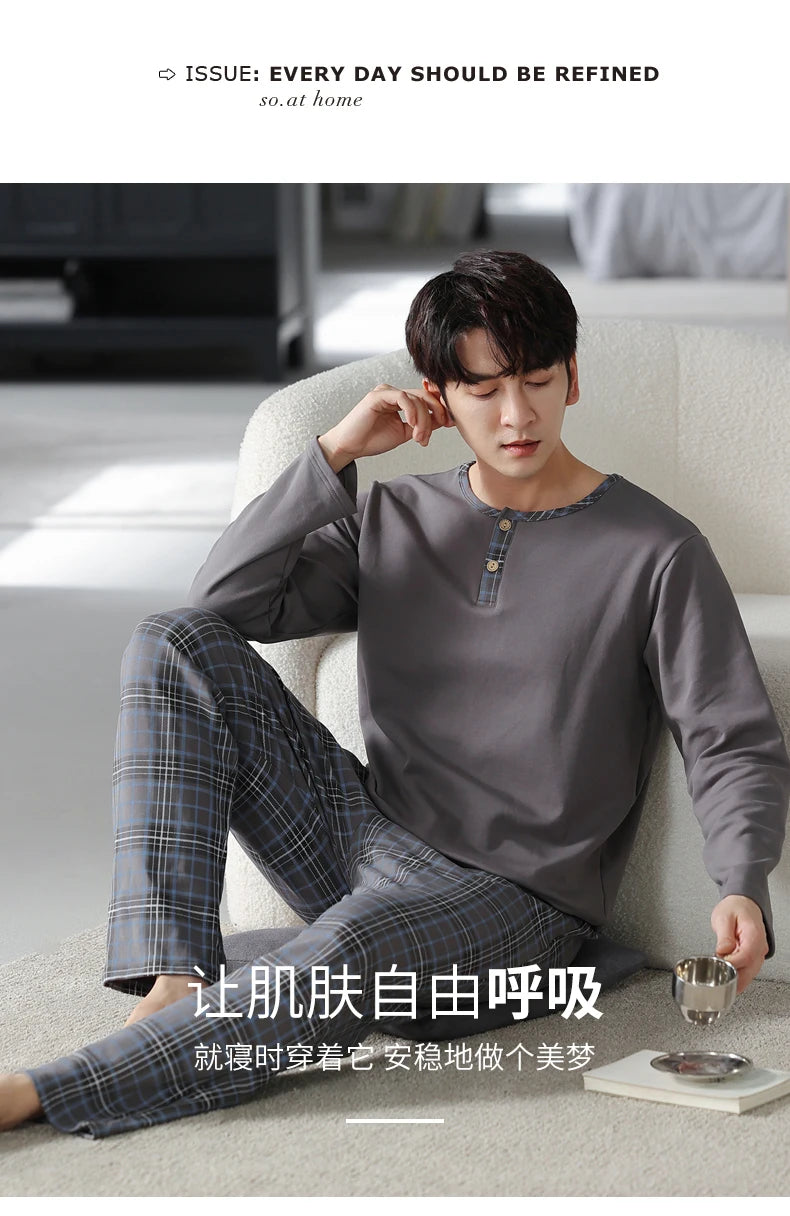 Elegant Man's Pajamas Loungewear 2023 Autumn Winter New Big Size 3xl 4xl Knitted Cotton Sleepwear Fashion Lounge Set Nightwear