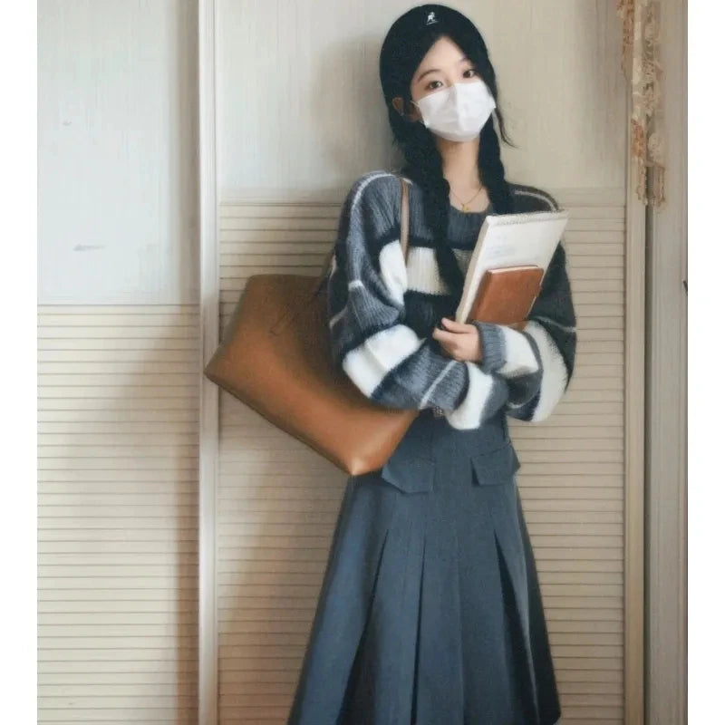 2024 Spring Autumn Stripe Short Pullover Skirts 1 or Two Piece Set Lady Knit Crop Tops Gray Skirt Outfits Korean Clothes