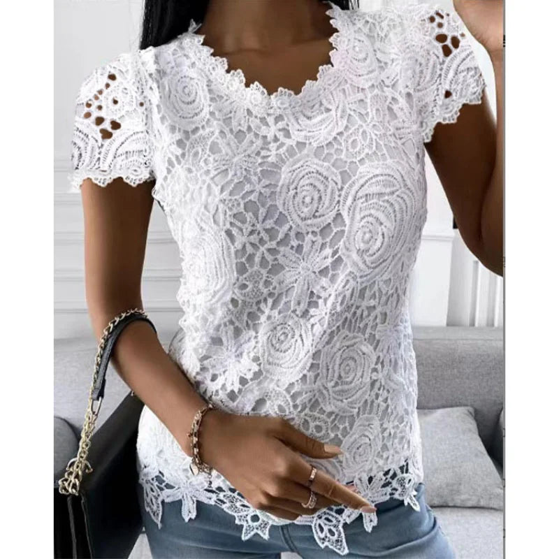 Women's Lace-Decorated Casual Tee – Spring/Summer Regular Fit Top by NoEnName_Null