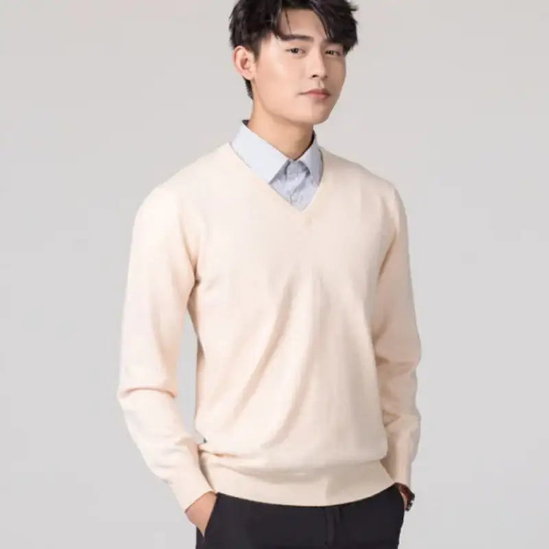 NoEnName_Null Men's Slim Fit Solid V-Neck Sweater Pullover – Autumn & Winter Collection
