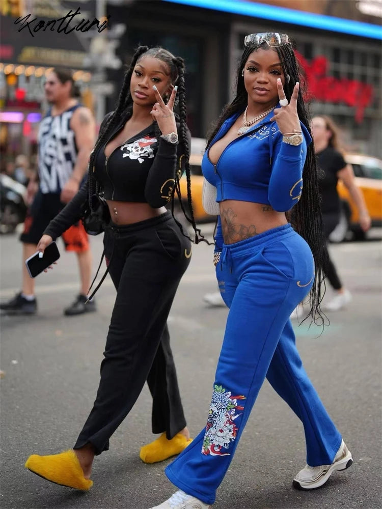 Kontturi Streetwear Women's Autumn/Winter Hooded Zip-Up Set with Ankle-Length Pants