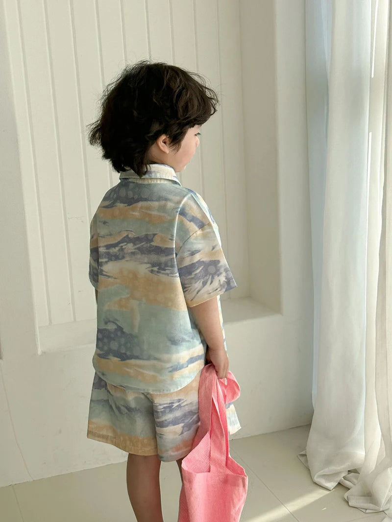 MILANCEL Unisex Summer Patchwork Clothing Set for Kids (Ages 4–6Y) – Cotton Shirt and Shorts Vacation Outfit