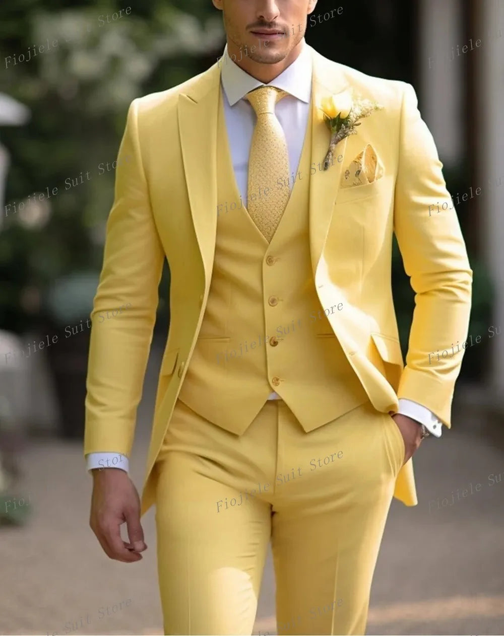 Fiojiele Men's Formal Wedding Suit - 4-Season Cotton-Polyester Blend, Single Breasted