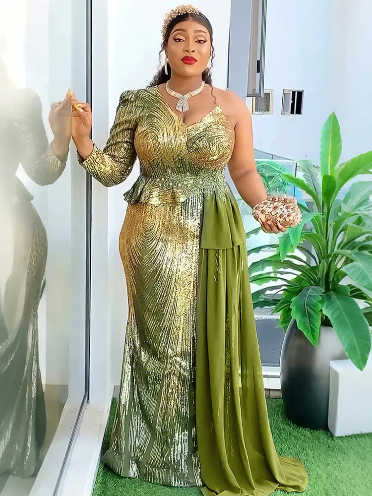 NoEnName_Null Women's Asymmetrical Sequin A-Line Floor-Length Dress – Slim Fit, High Stretch, All-Season Polyester