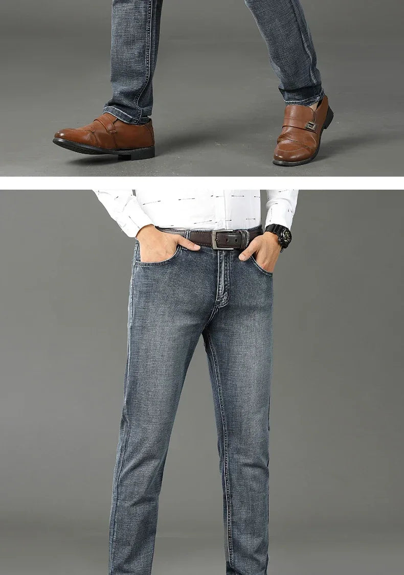 WTHINLEE Men's Smart Casual Mid-Waist Denim Jeans - Straight Fit, Full-Length, Midweight