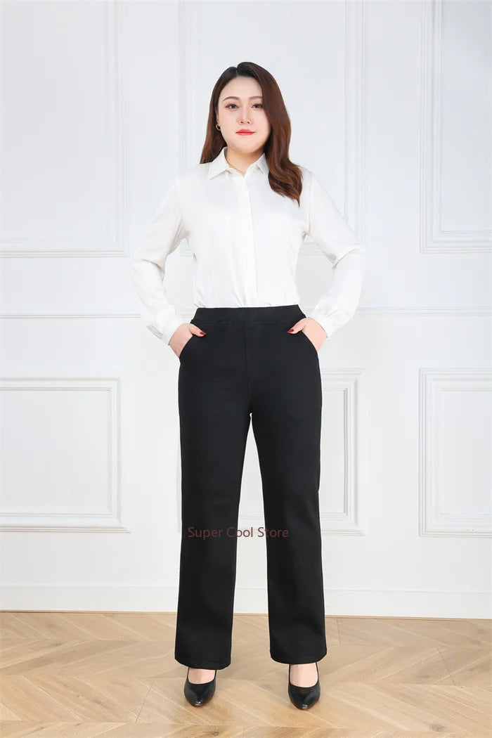 NoEnName_Null Women's High-Waist Cotton Elastic Denim Straight-Leg Jeans with Pockets – Autumn/Winter