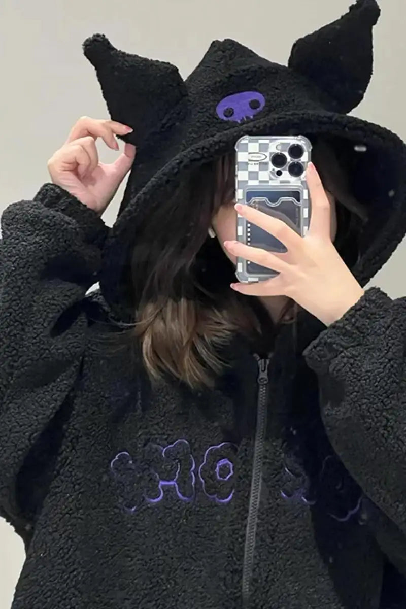 MINISO Women's Preppy Style Hooded Zip-Up Hoodie – Cartoon Printed Kuromi Top for Autumn/Winter