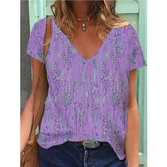 Women's Patchwork Knit V-Neck Casual Tee Summer 2024 NoEnName_Null