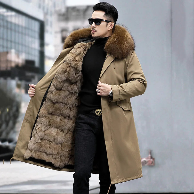 FURTJY Men's High Street Winter Coat – Real Fox Fur Lining, Raccoon Fur Collar, Zipper Closure, Casual Slim Fit
