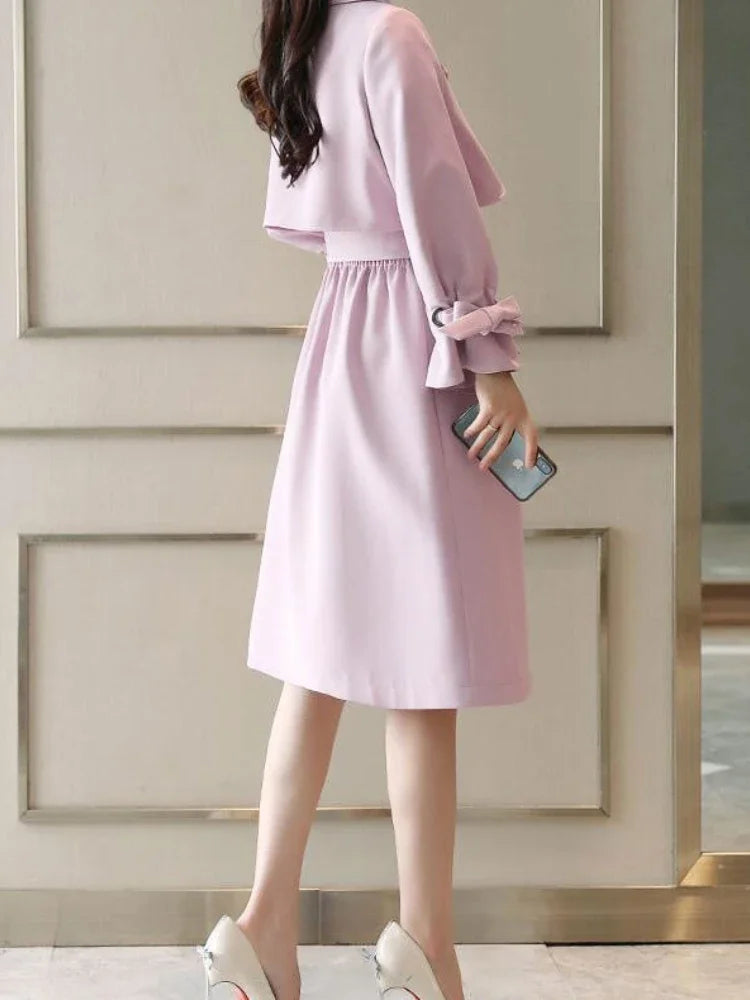 NoEnName_Null Women's Preppy Style Double-Breasted Trench Coat with Ruched and Spliced Details