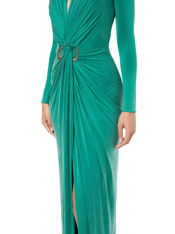 UOOZEE Women’s V-Neck Ankle-Length Sheath Dress with Folds – Slim Fit, X-Shape, Empire Waist, Zipper Closure