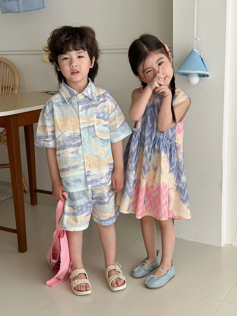 MILANCEL Unisex Summer Patchwork Clothing Set for Kids (Ages 4–6Y) – Cotton Shirt and Shorts Vacation Outfit