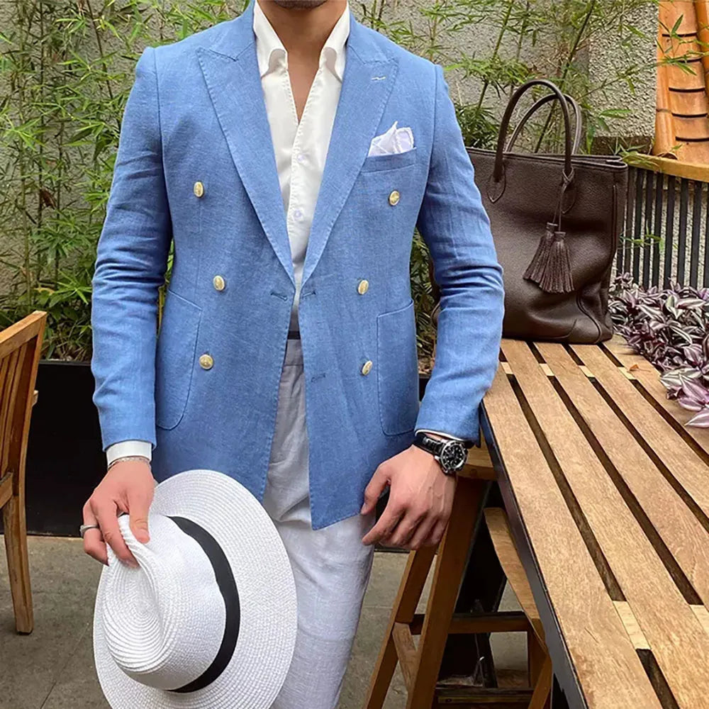 Casual Linen Double Breasted Peak Lapel Regular Length Slim Fit 2 Piece Jacket Pants Beach Tailor Full Set Chic Blazer for men