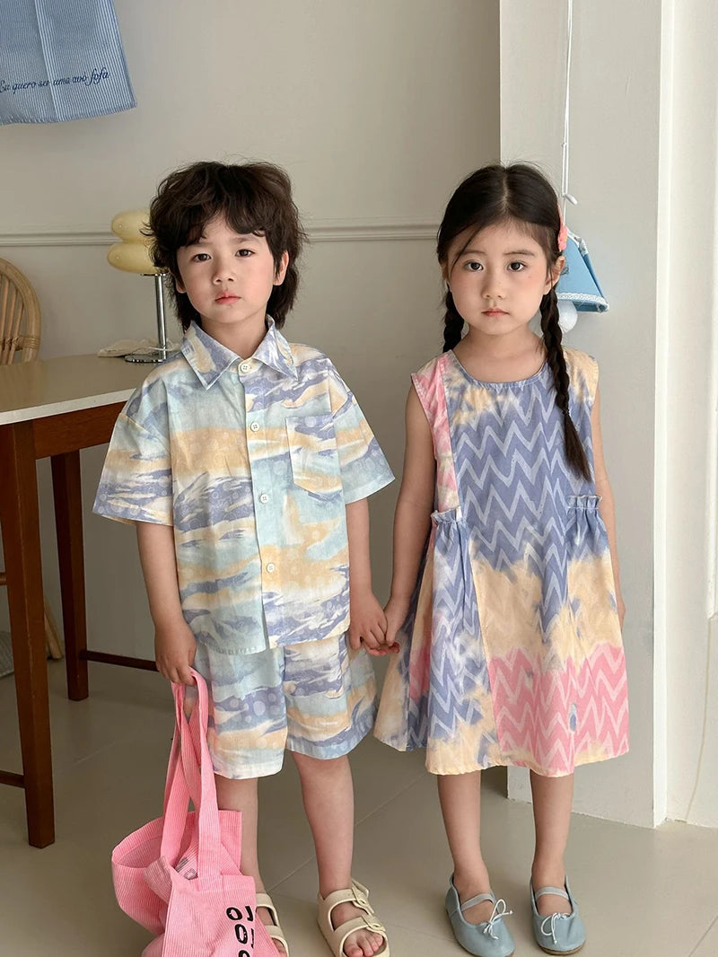 MILANCEL Unisex Summer Patchwork Clothing Set for Kids (Ages 4–6Y) – Cotton Shirt and Shorts Vacation Outfit