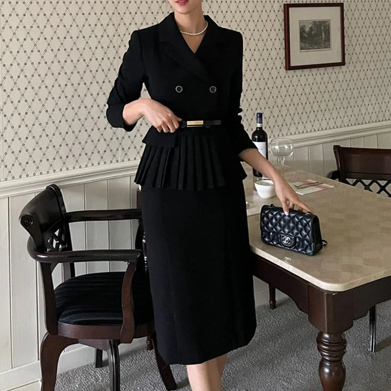 Autumn Spring Office Ladies Two Piece Set Double-Breasted White Ruffles Belt Blazer Tops + Split Pencil Skirt Suit
