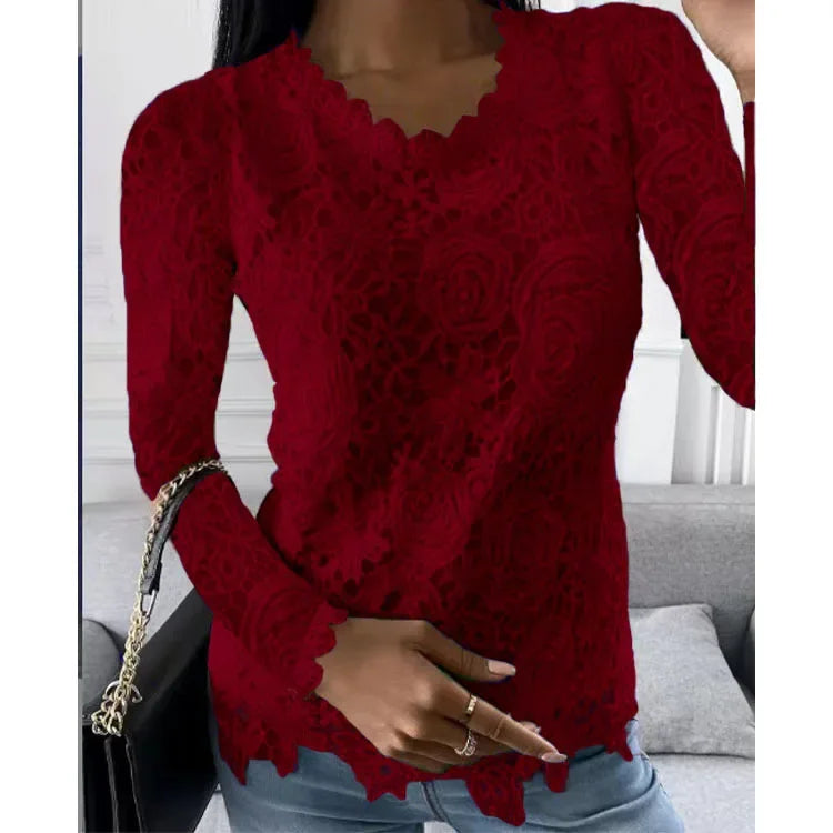 Women's Lace-Decorated Casual Tee – Spring/Summer Regular Fit Top by NoEnName_Null