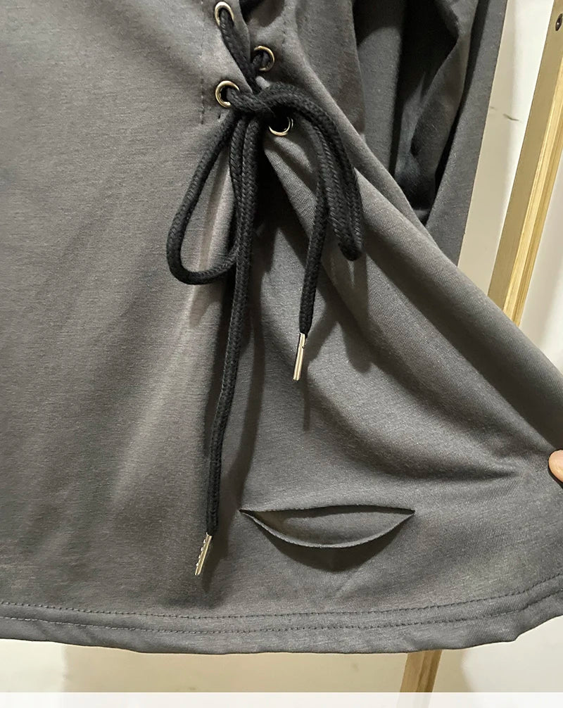 NoEnName_Null Y2K Style A-Line Mini Dress with Diagonal Collar and Bandage Detail - Autumn/Winter Fashion for Women