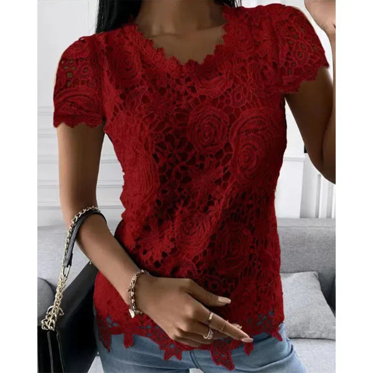 Women's Lace-Decorated Casual Tee – Spring/Summer Regular Fit Top by NoEnName_Null