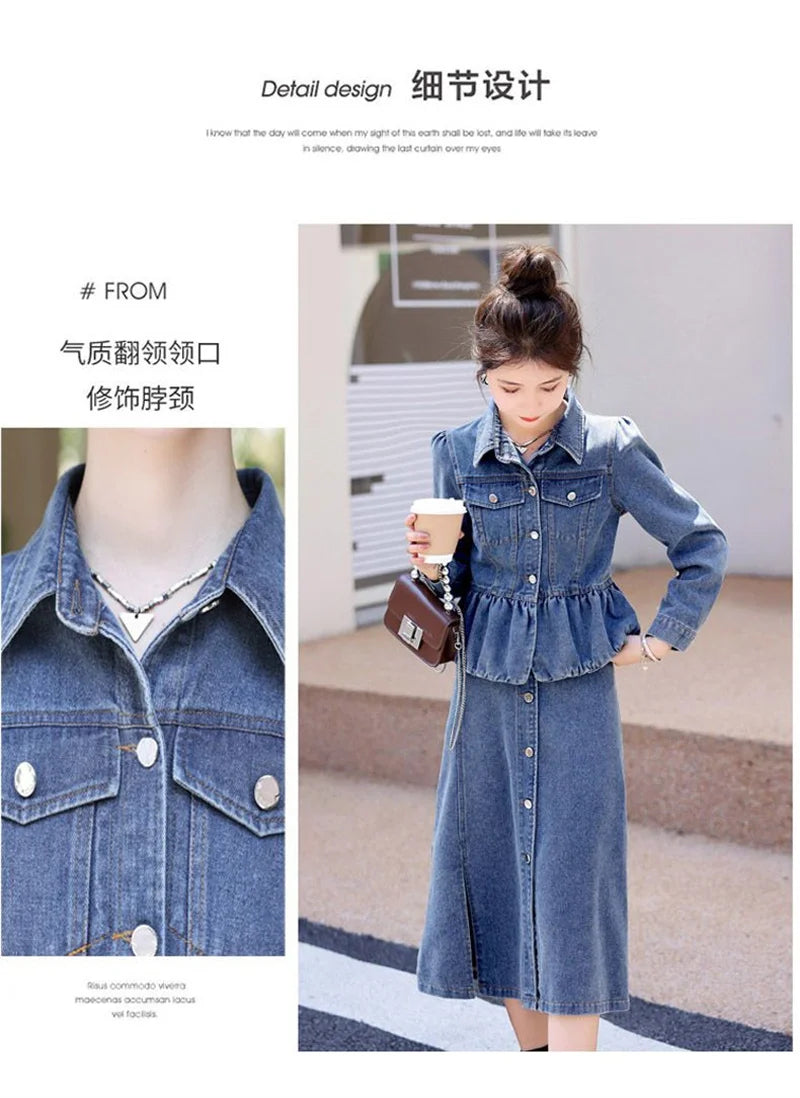huapang-lsl Women's Office Lady A-Line Denim Dress – Knee-Length with Turn-Down Collar